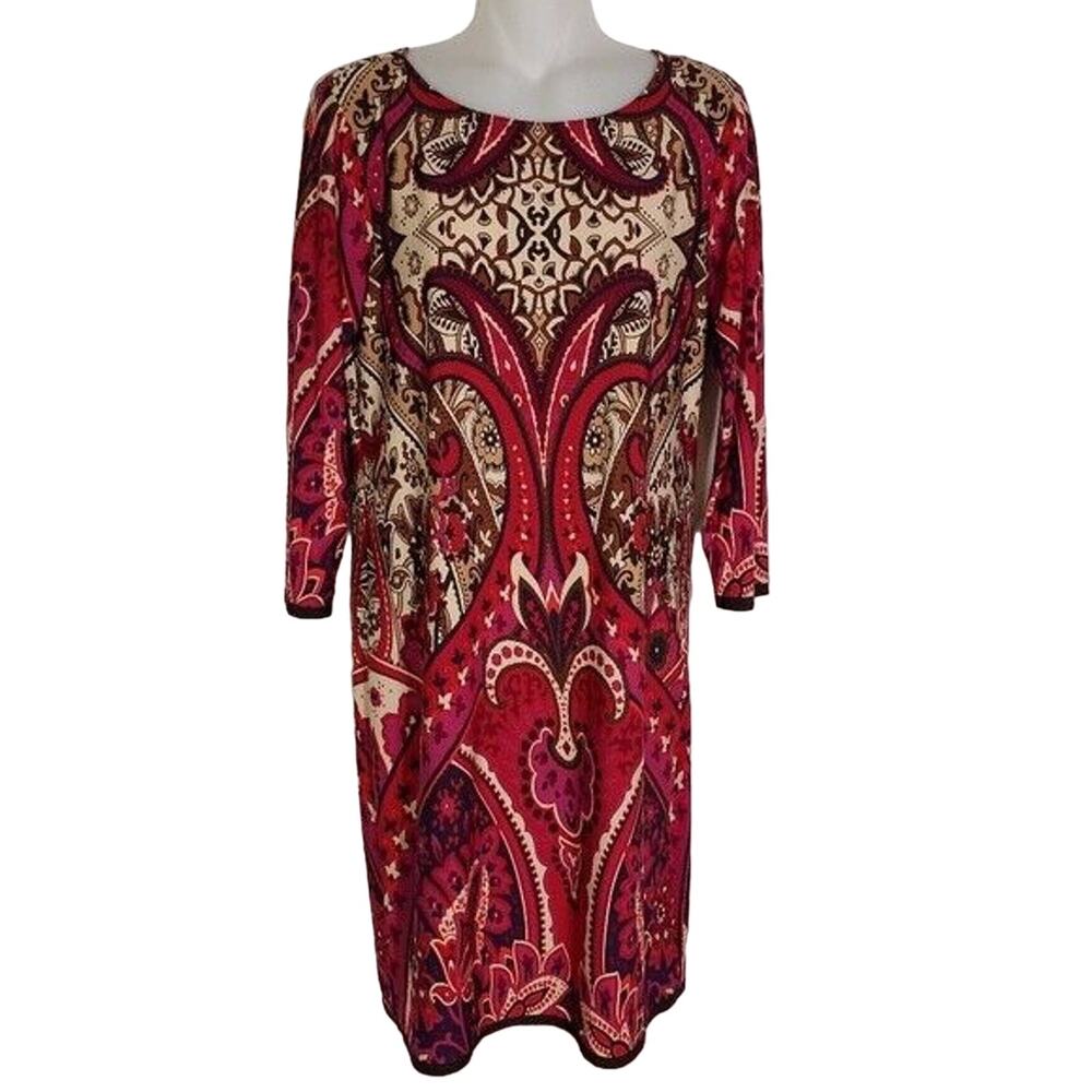 Tiana B. Womens Dress Sz 4 Shift Paisley Knee Length Boho Stretch Poly Long Slv